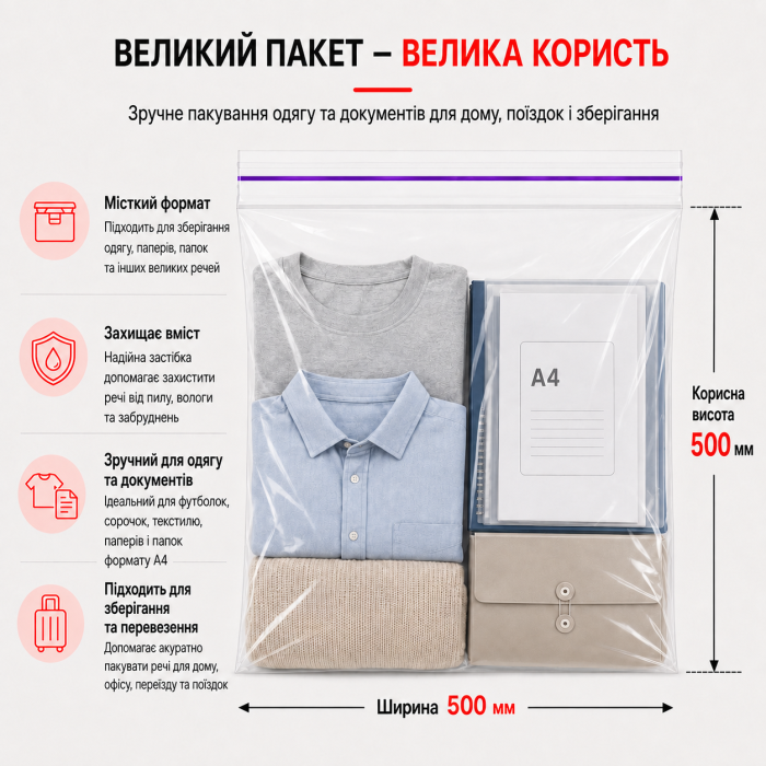 Пакет зі струною та застібкою Zip-lock, 500 × 500 мм / 50 мкм